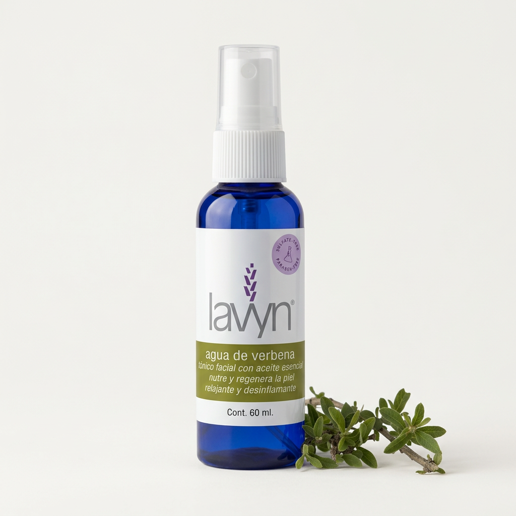 Agua de Verbena Lavyn de 60 ml con ramita sobre fondo claro