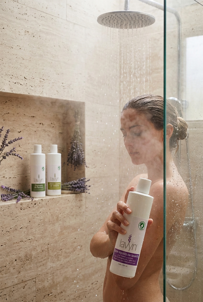 Mujer en la ducha usando el jabon liquido de lavanda lavyn