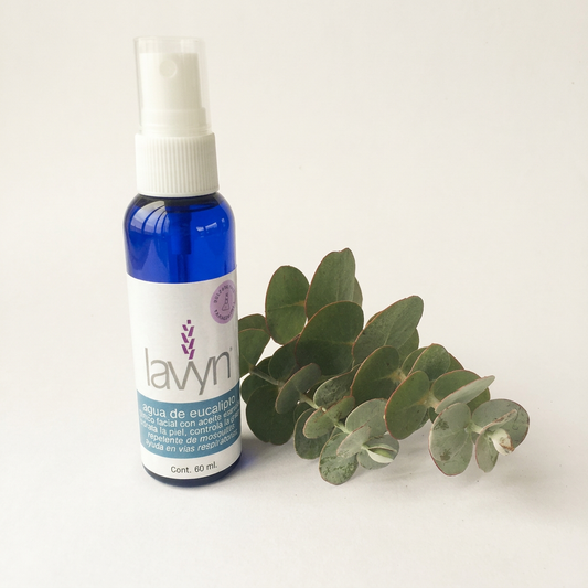 Agua de Eucalipto Lavyn de 60 ml con hojas sobre fondo claro