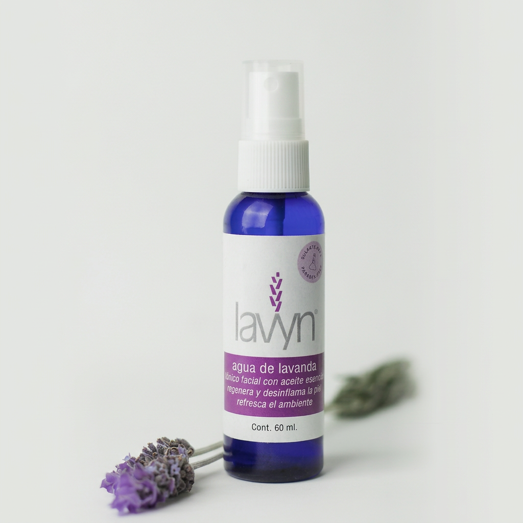 Agua de Lavanda Lavyn de 60 ml con flores y fondo claro