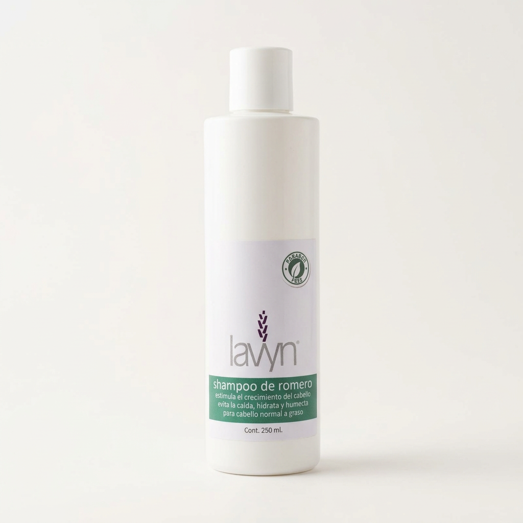 Shampoo de Romero de 250 ml con fondo claro uniforme